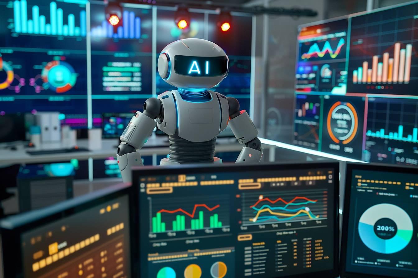 Robot IA dans un environnement high-tech avec graphiques et données