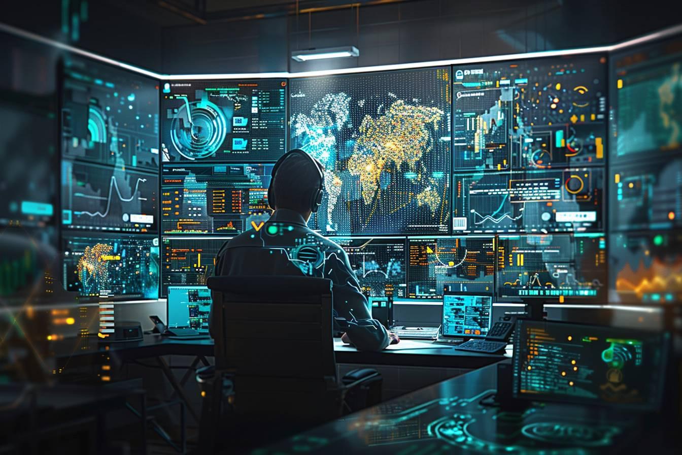 Silhouette d'un analyste devant un écran avec des données en temps réel