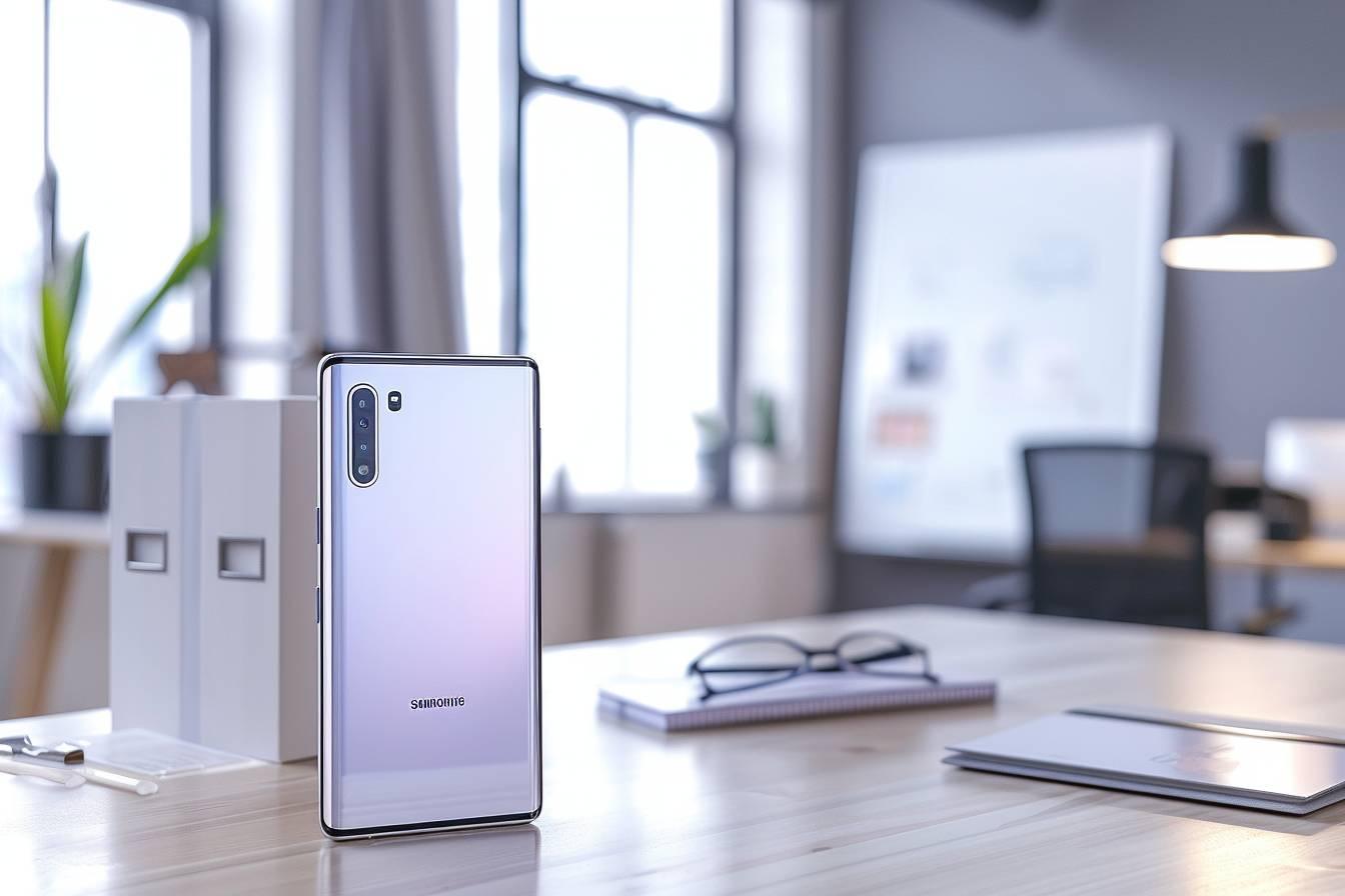 Gros plan sur un smartphone haut de gamme sur un bureau de travail moderne