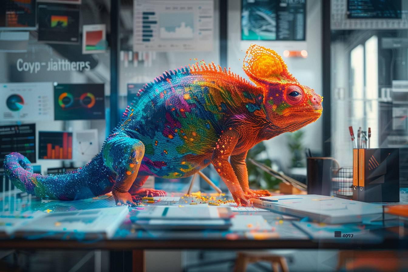 Caméléon multicolore posé sur un bureau de bureau