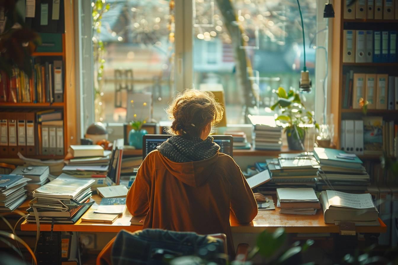 Personne vêtue d'un manteau orange, le dos tourné, debout devant une fenêtre dans une bibliothèque.