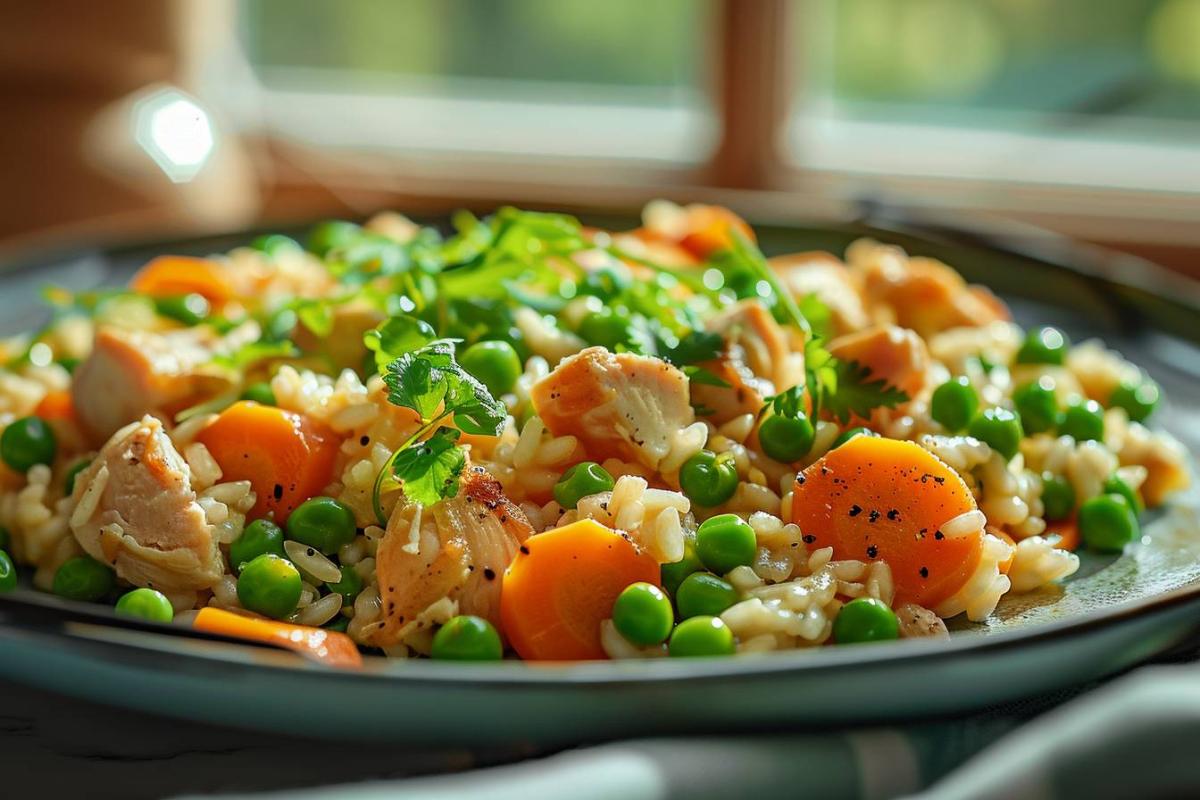 Rappel consommateur - détail assiette petits gourmets risotto légumes petits pois poulet 18m HiPP Bio
