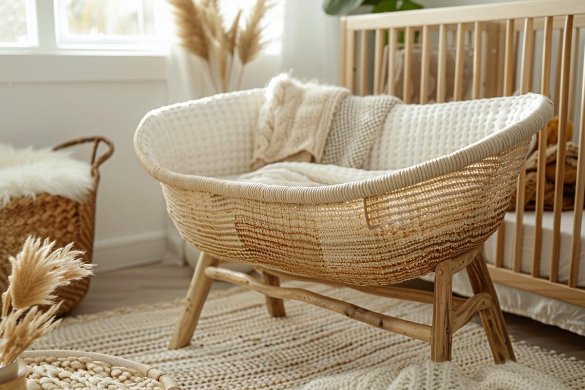 Rappel produit Pasito a Pasito : détail couffin en osier, support bois naturel